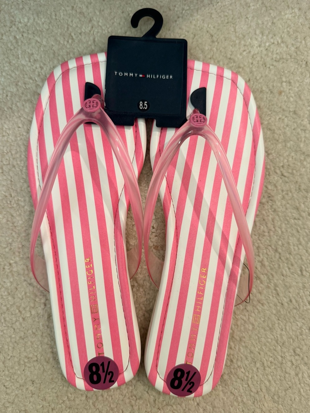 SALE🌸Tommy Hilfiger Pink and White Striped Jelly Strap Flip Flops